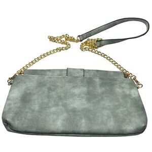 Slate Blue Clutch Purse with Gold Chain Shoulder Strap, Faux Leather